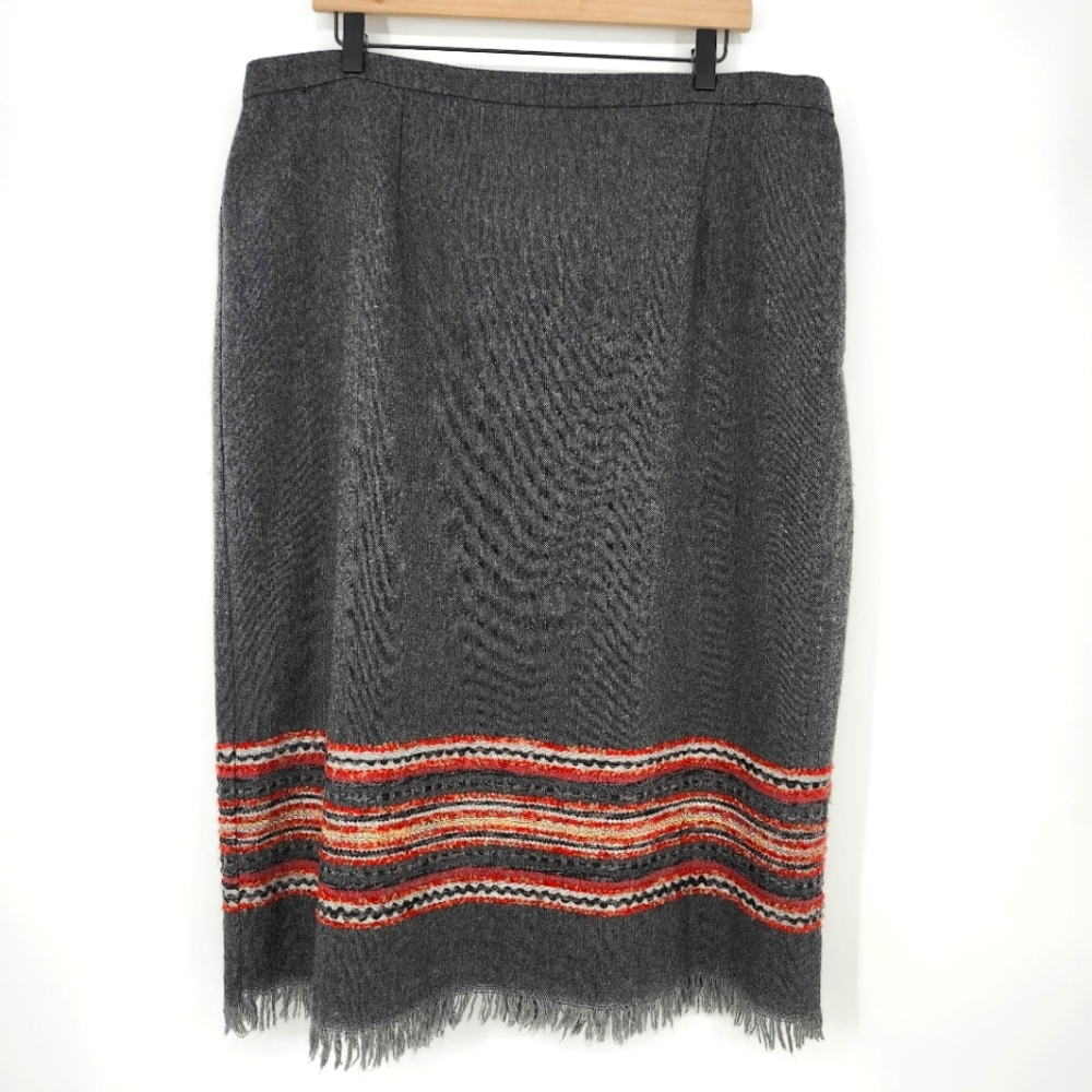 Charcoal Gray Wool Blend Midi Skirt Size 20W Fringe Pencil Western Aztec